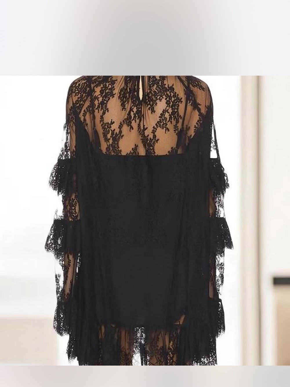 Elegant Avant Garde Black Lace Long-Sleeve Mini Dress - Picture 3 of 5